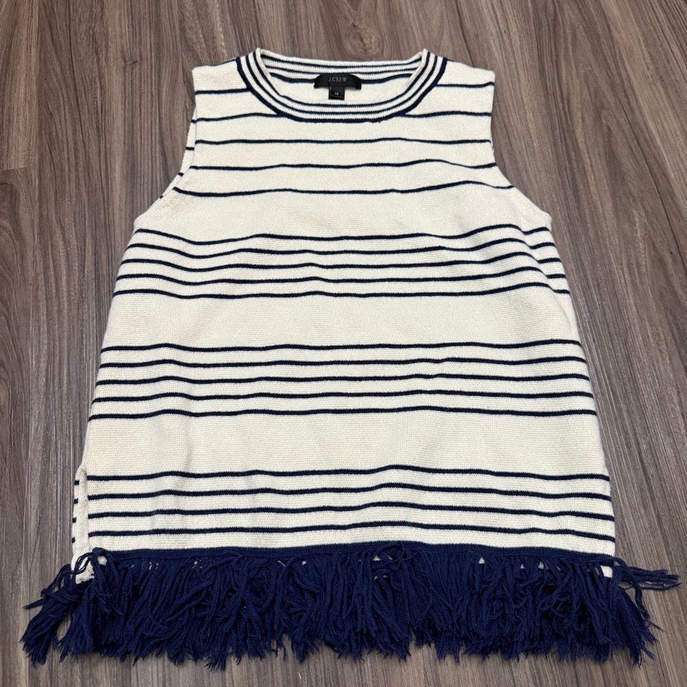 J crew women sz XS fringe boatneck shell in stripe - Picture 2 of 9